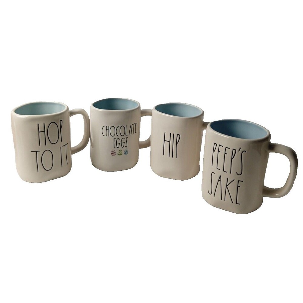 Rae Dunn Easter Mugs Set of 4 Hop To It Chocolate Eggs Hip Peeps Sake Blue Insid